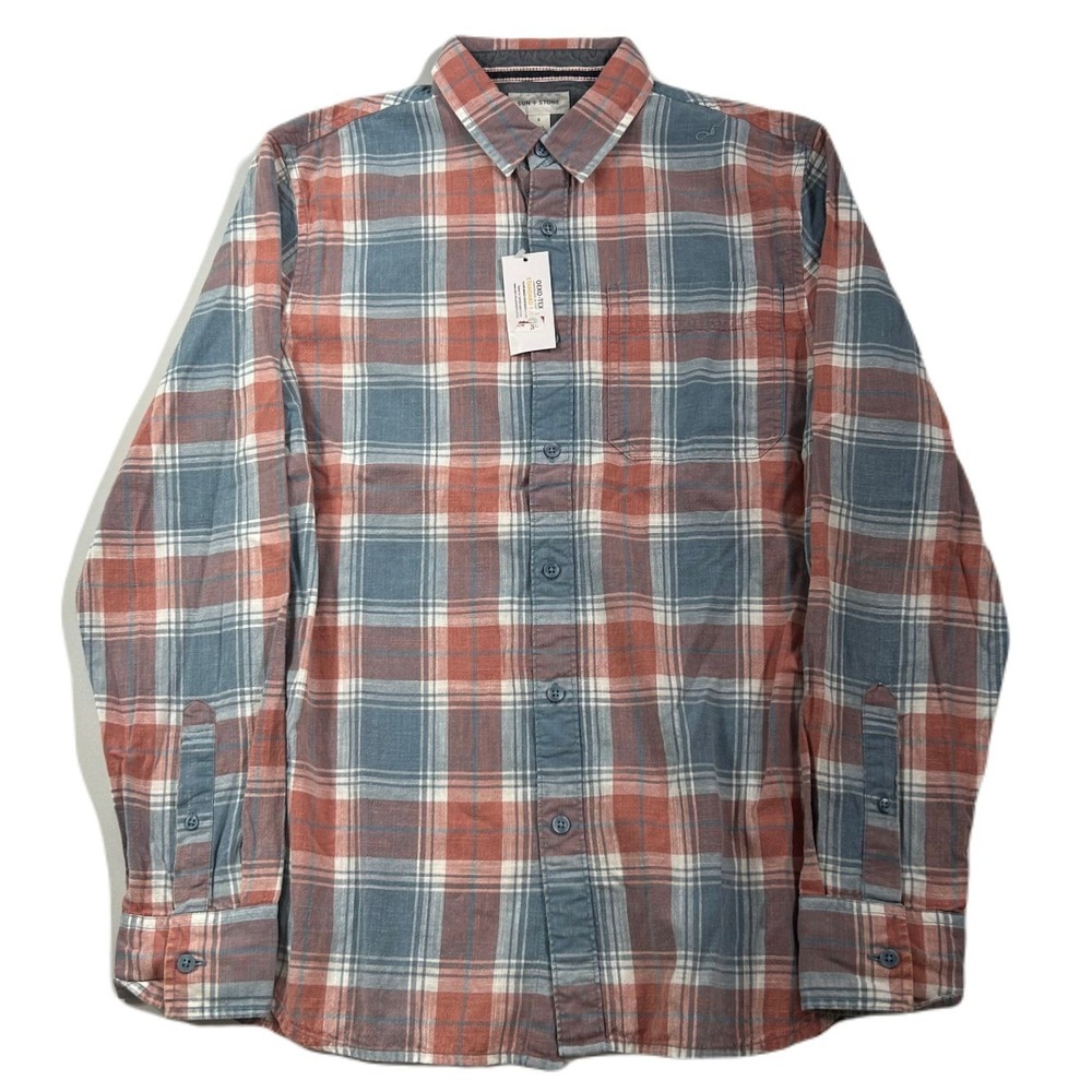Sun + Stone Plaid Shirt Mens Small Red Blue Cotton Button-Down NEW